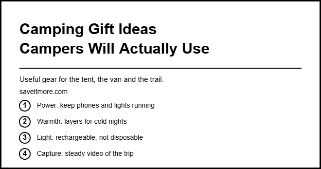 Camping gift ideas campers will actually use: power, warmth, light and video