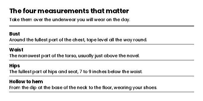 Where to take bust, waist, hips and hollow to hem measurements for a dress