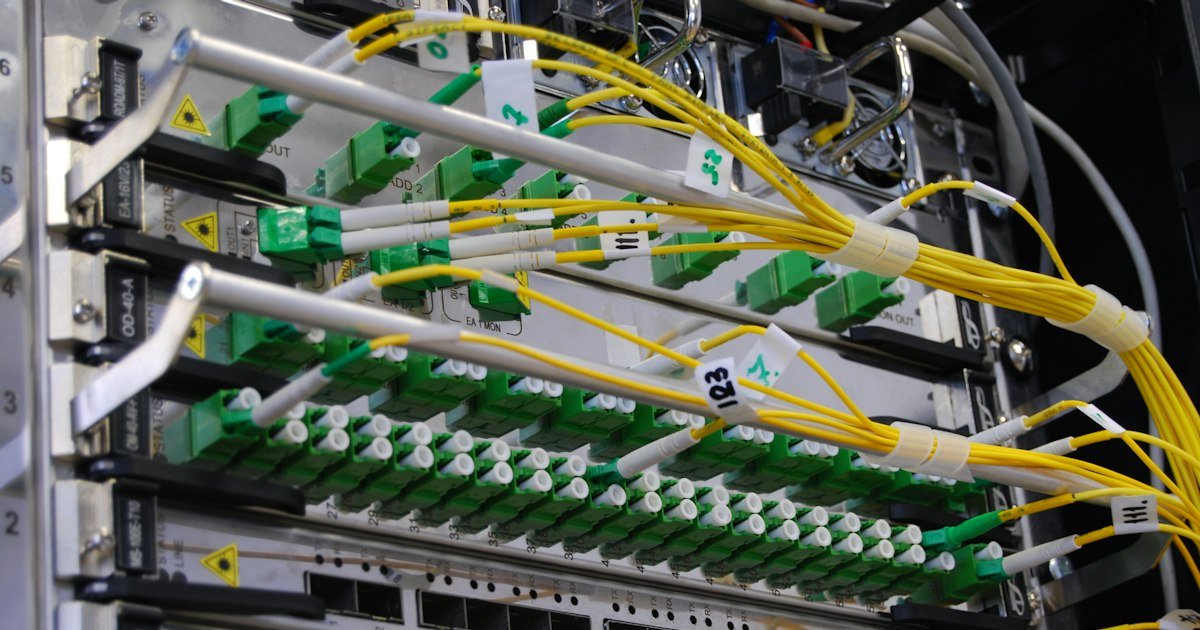 Fiber optic cables in a network switch at a hosting data center