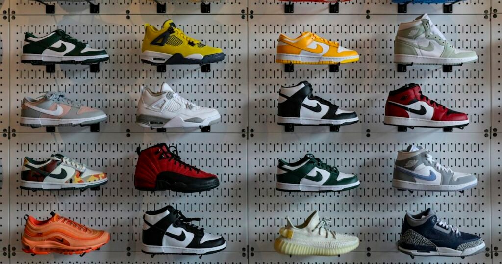 Measure your foot size at home – shoes on display in a store