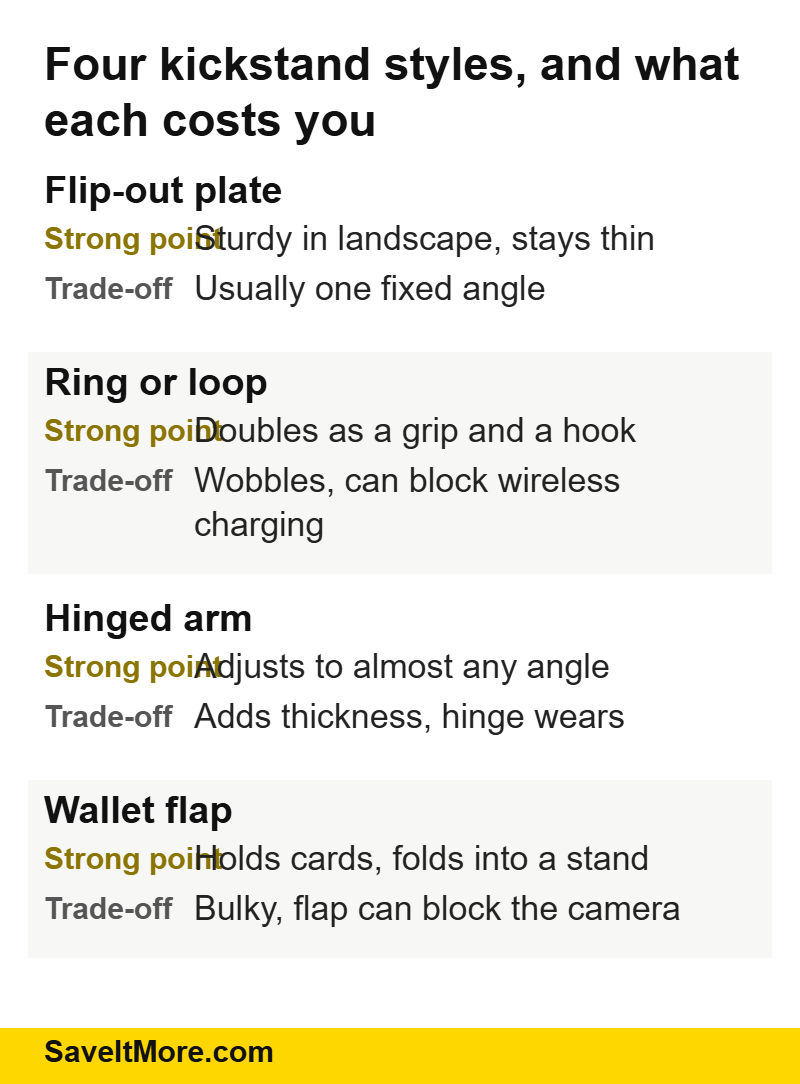 Phone case with kickstand styles compared: flip-out plate, ring, hinged arm and wallet flap