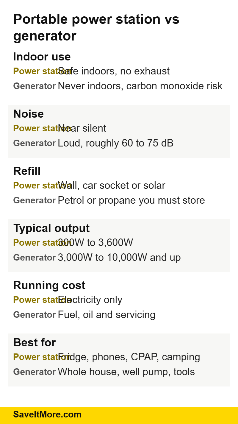 Portable power station vs generator compared on safety, noise, output and running cost