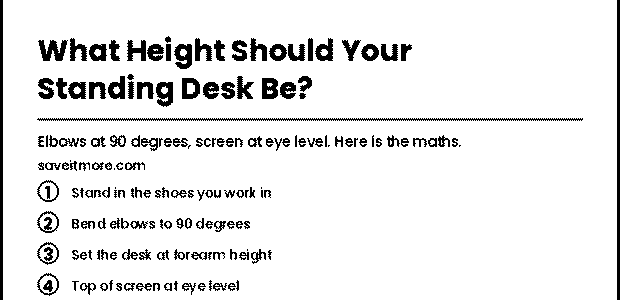 Standing desk height guide: elbows at 90 degrees, screen top at eye level, wrists straight