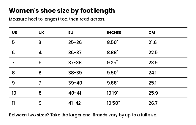 Women's shoe size chart converting foot length in inches and cm to US, UK and EU sizes