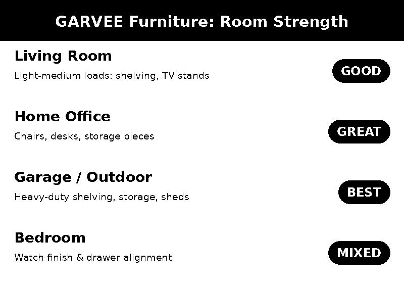 GARVEE furniture buying guide room-by-room comparison: living room good, home office great, garage and outdoor storage best, bedroom mixed