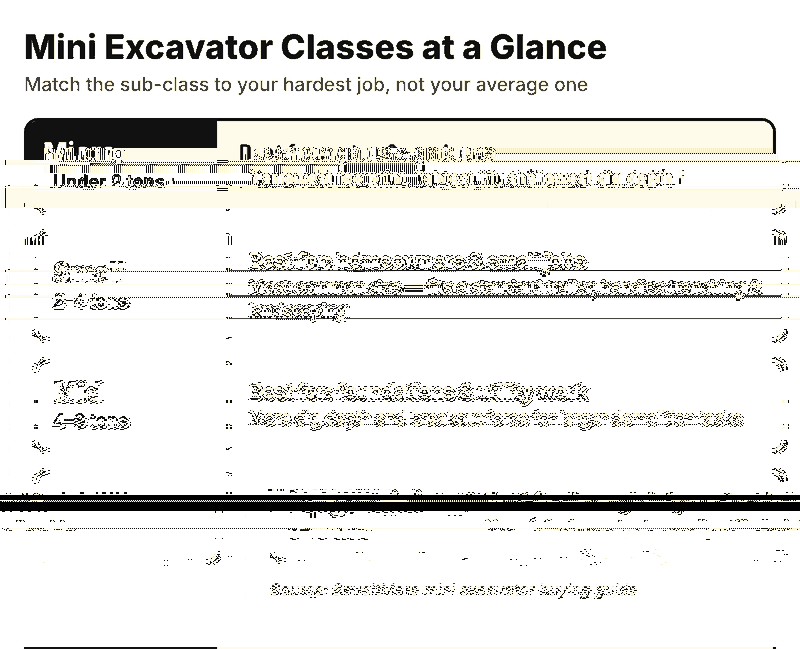 Comparison chart of mini excavator weight classes: micro, small, mid and large mini, with tonnage and best-use cases